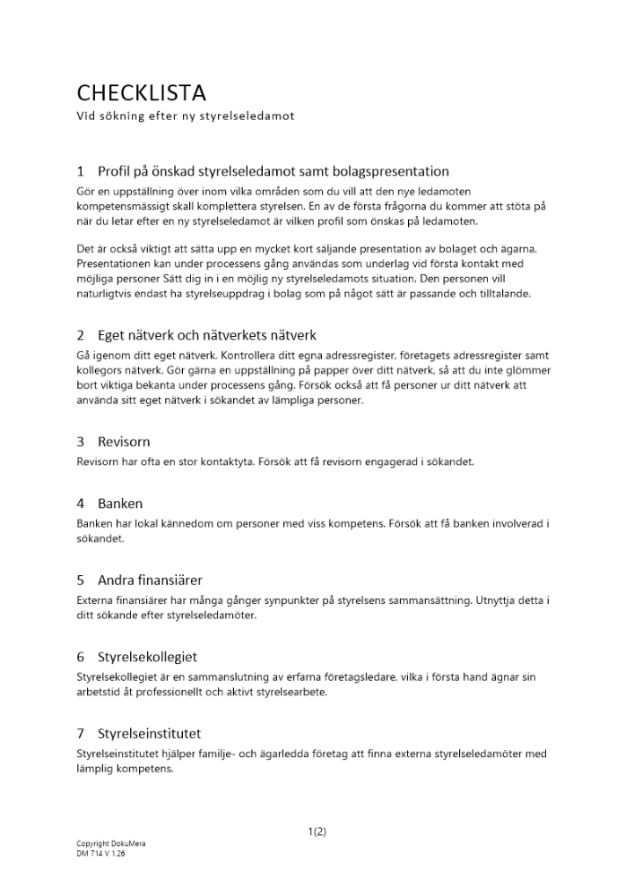 Checklista sökning ny styrelseledamot