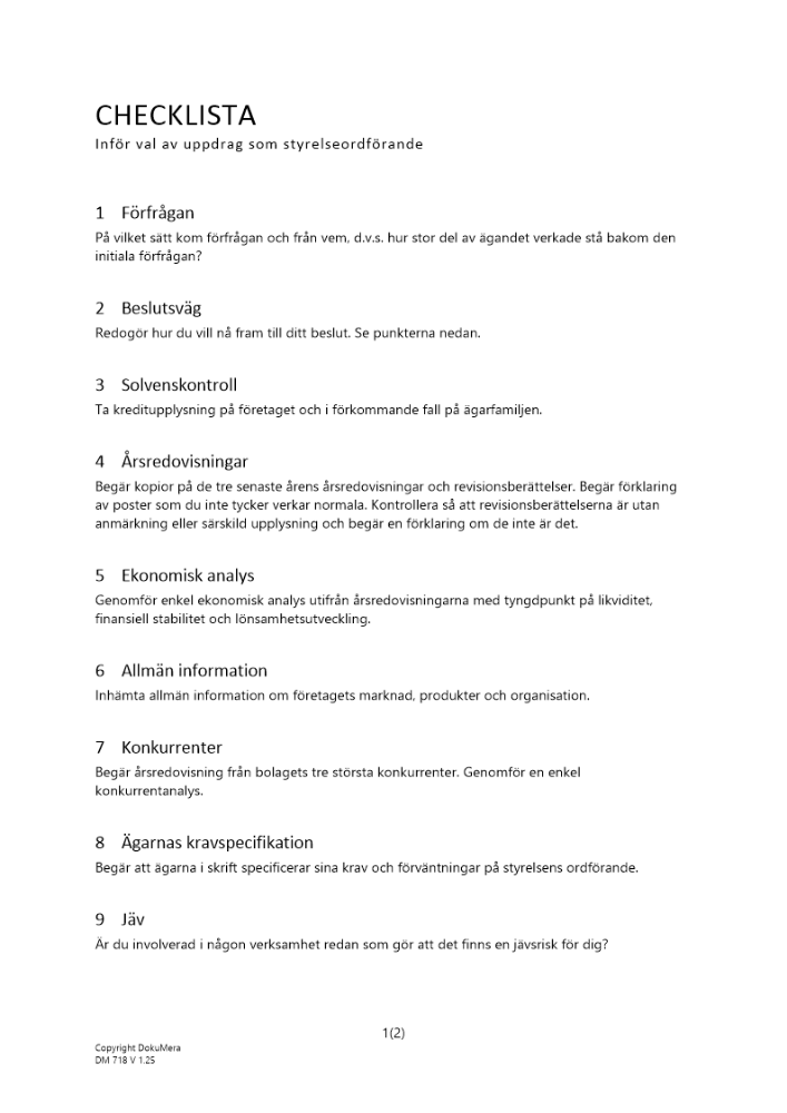 Checklista val av uppdrag som styrelseordförande
