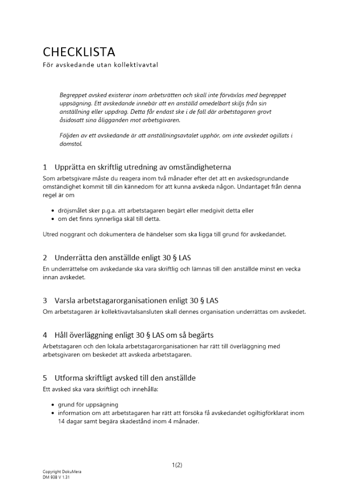 Checklista för avskedande_ utan kollektivavtal 2024
