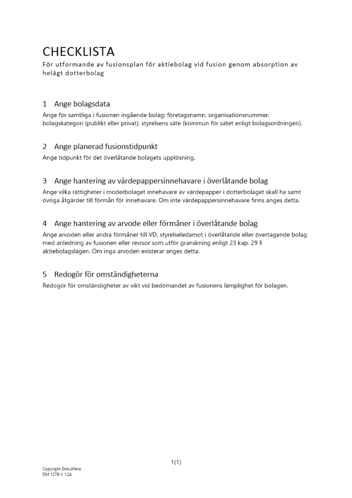 Checklista fusionsplan helägt DB 2024