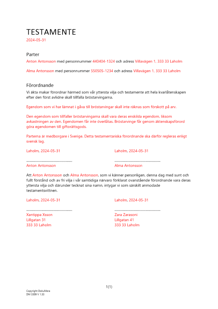 Testamente (Mellan makar där bröstarvingar får hela arvslotten) DokuMera