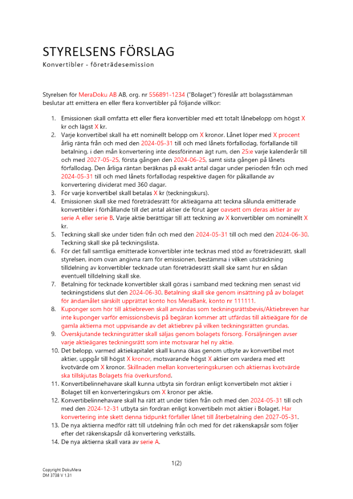 Styrelsens förslag - Företrädesemission (konvertibler) - Privat ej avstämningsbolag 2024