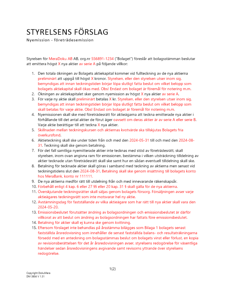 Styrelsens förslag - Kontant företrädesemission - Publikt avstämningsbolag 2024