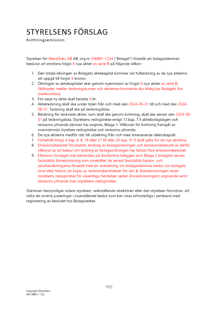 Styrelsens förslag - Kvittningsemission - Publikt ej avstämningsbolag 2024