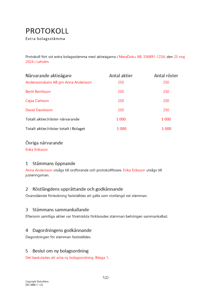 Protokoll från extra bolagsstämma - Minskning _Ej avstämningsbolag_ 2024