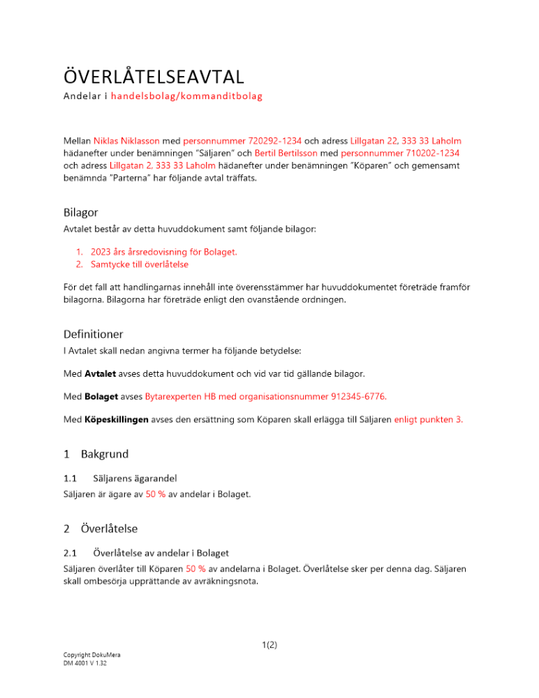 Avtal om överlåtelse av andelar (HBKB) DokuMera