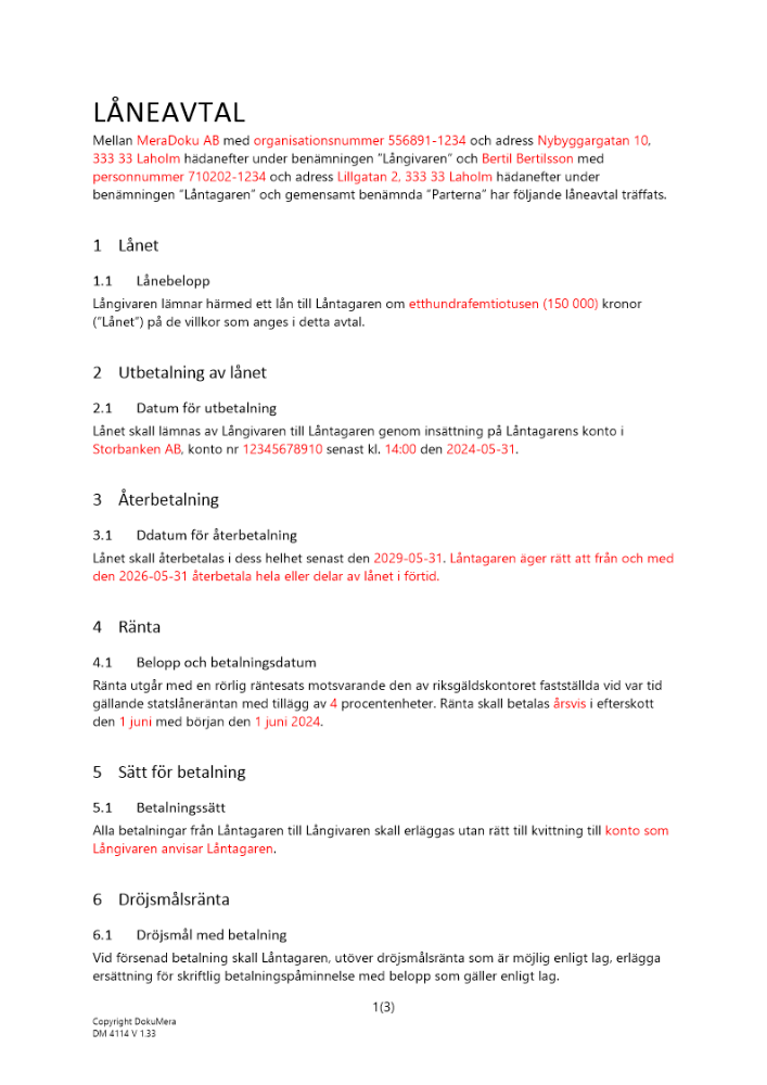 Låneavtal Rörlig ränta, statslåneräntan (med säkerhet) DokuMera