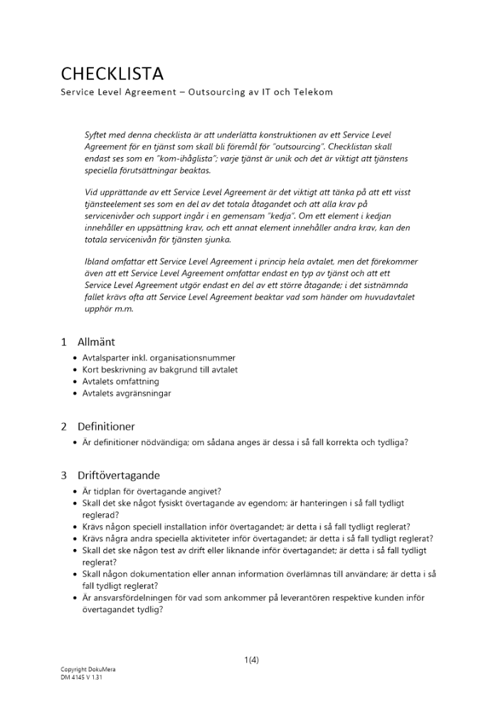 Checklista - Service Level Agreement Outsourcing av IT och Telekom
