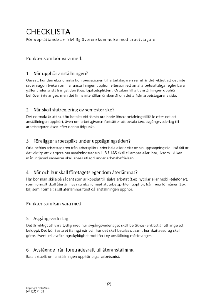 Checklista för frivillig överenskommelse
