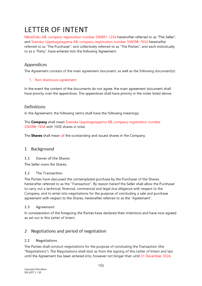 Avsiktsförklaring förvärv (Letter of intent) Engelsk 2024