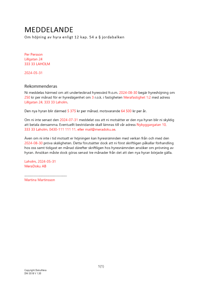 Meddelande om ändring av hyra enligt 12 kap 54 a § jordabalken