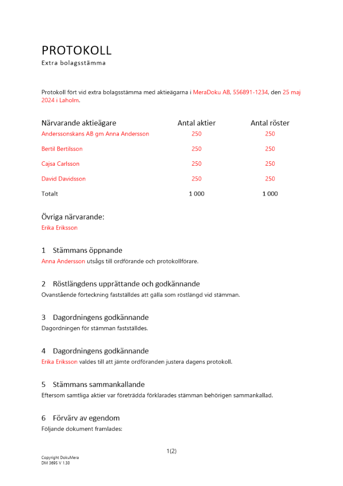 Protokoll från extra bolagsstämma - Förvärv av egendom enl 2 kap 29 § ABL