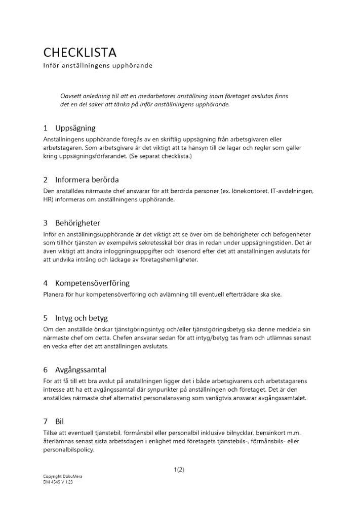 Checklista inför en anställnings upphörande