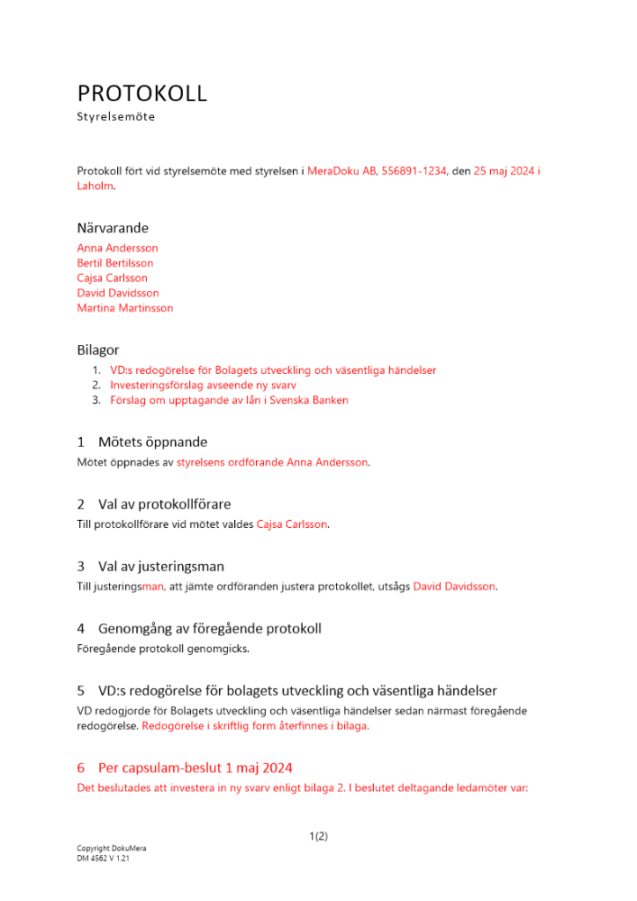Protokoll styrelsemöte - beslut per capsulam | DokuMera