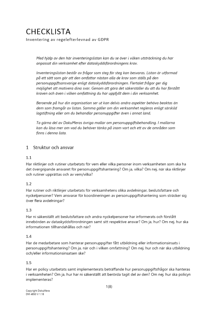 Checklista för inventering av av regelefterlevnad av GDPR