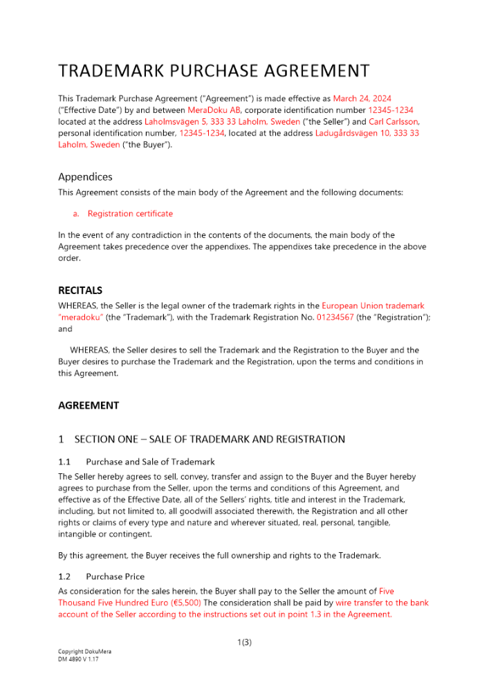 Avtal om överlåtelse - varumärke Engelsk 2024