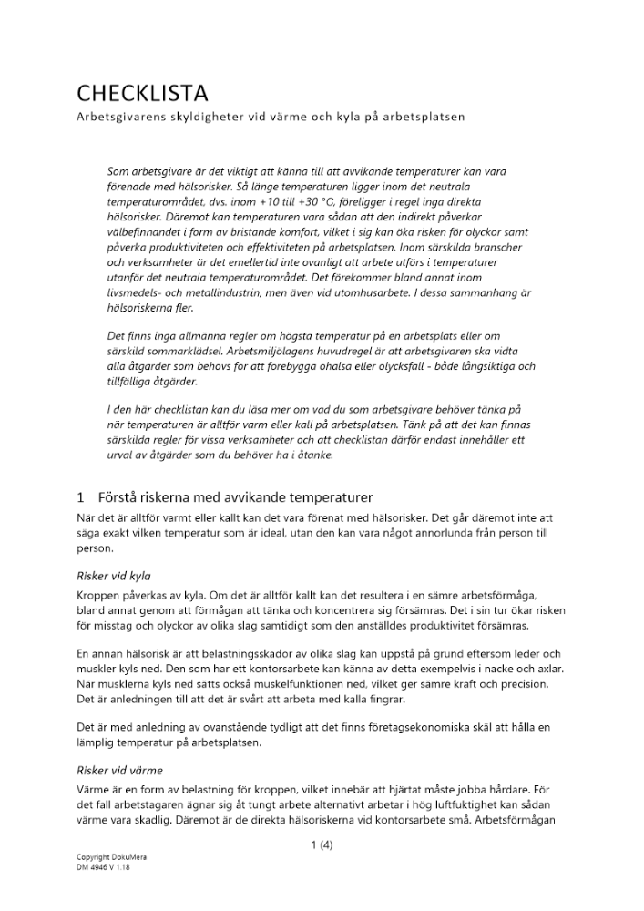 Checklista - Arbetsgivarens skyldigheter vid värme och kyla på arbetsplatsen