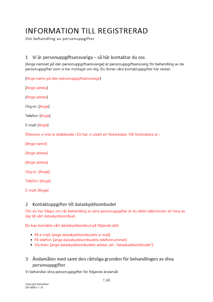 Information till registrerad om behandling av personuppgifter