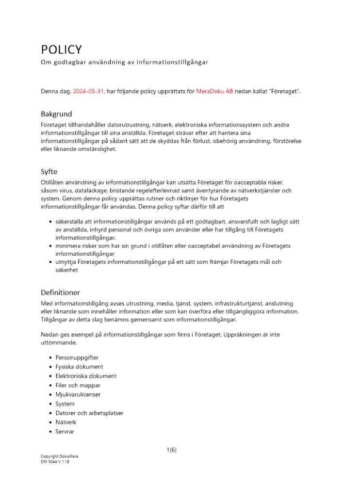 Policy om godtagbar användning av informationstillgångar