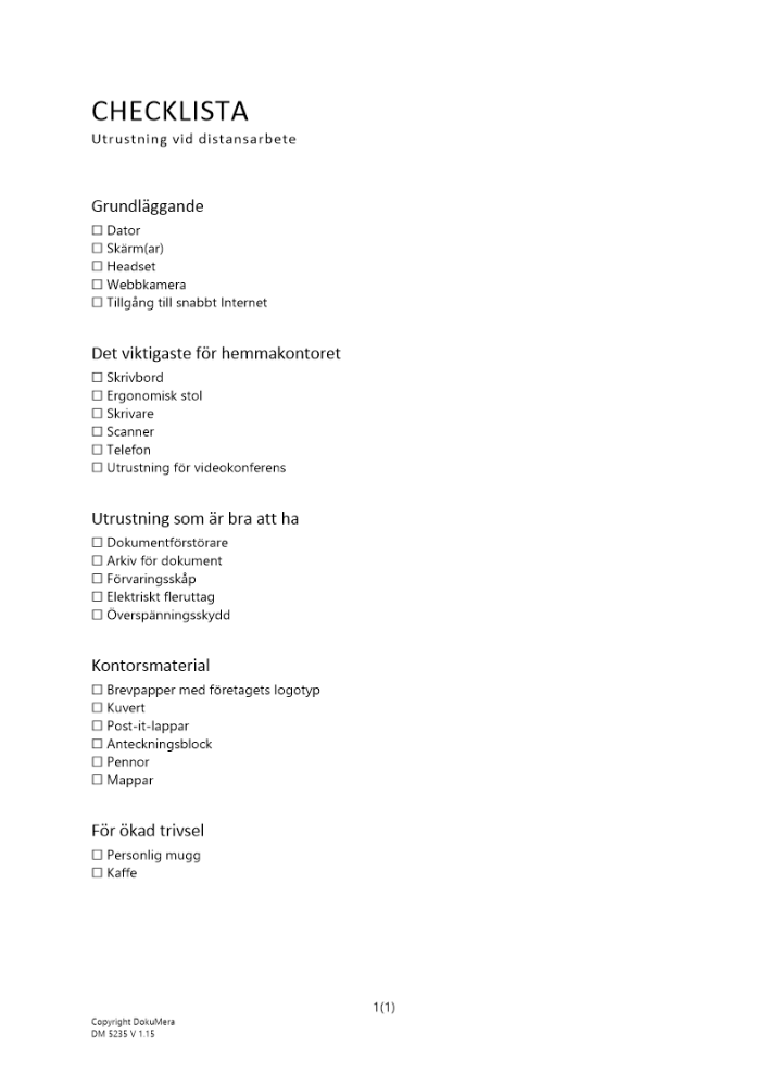 Checklista utrustning vid distansarbete