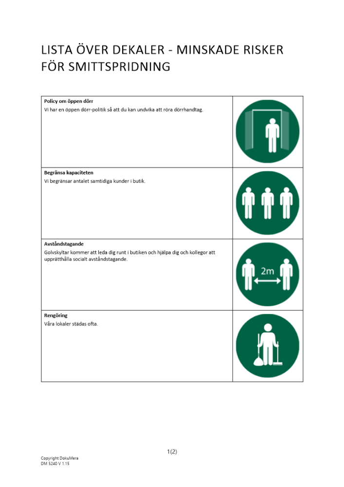 Lista över dekaler - minska risker för smittspridning