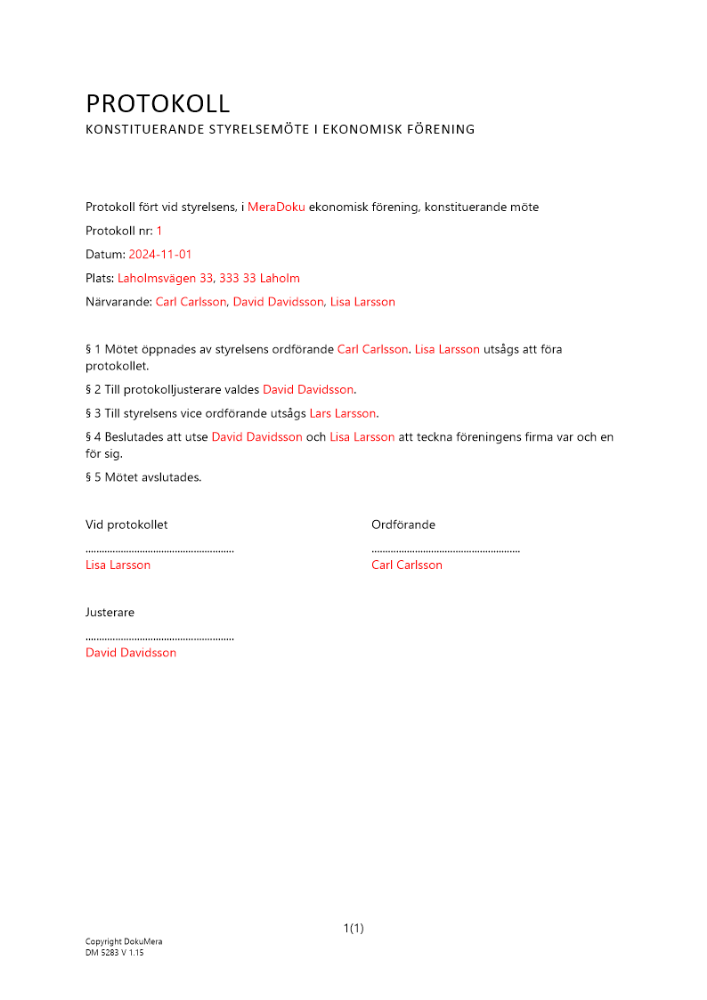 Protokoll konstituerande styrelsemöte ekonomisk förening | DokuMera