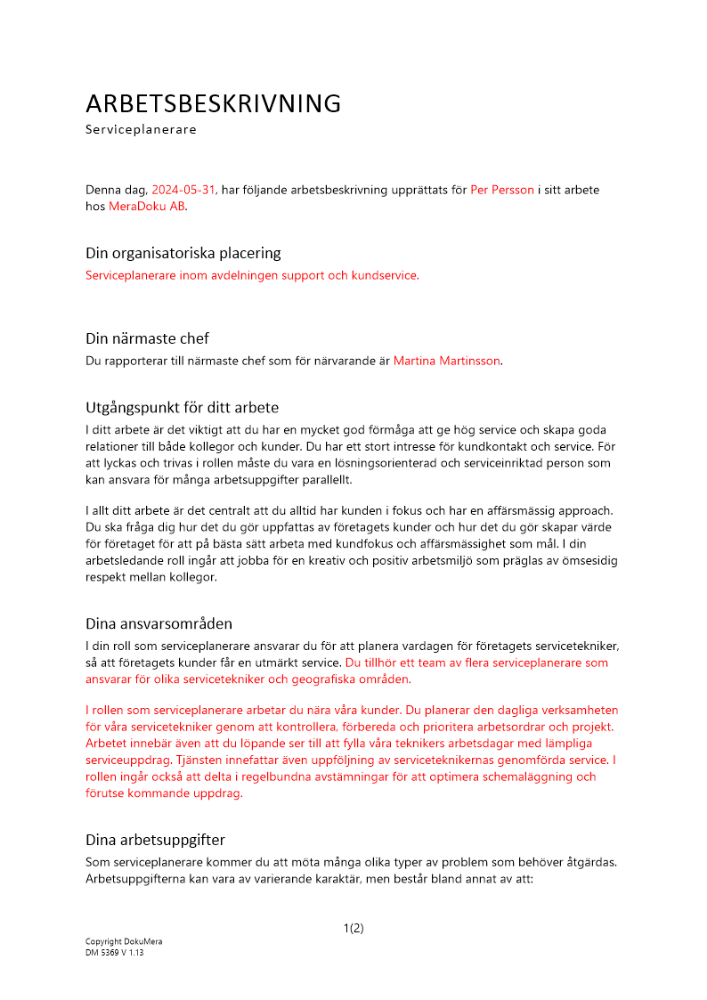 Arbetsbeskrivning serviceplanerare