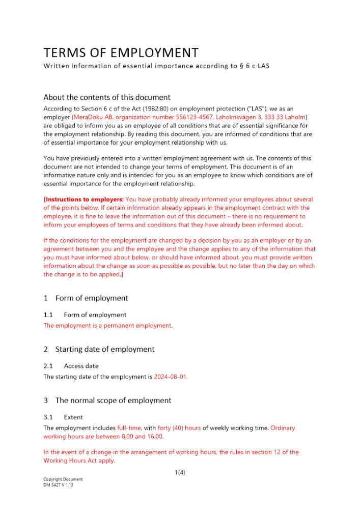Skriftlig information om anställningsvillkor av väsentlig betydelse Engelsk 2024