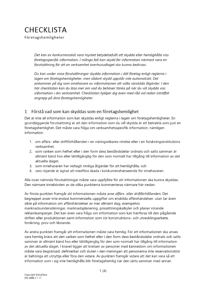 Checklista – Företagshemlighet
