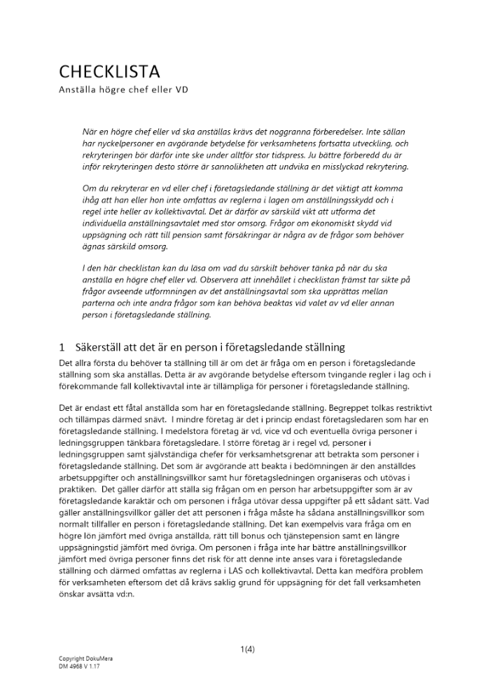 Checklista – Anställa högre chef eller VD