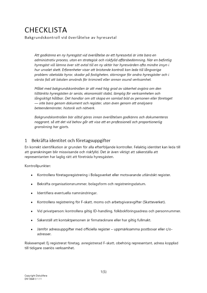 Checklista – Bakgrundskontroll vid överlåtelse av hyresavtal 