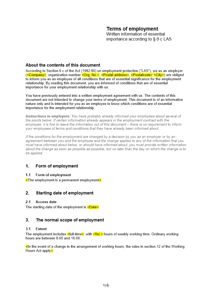 Skriftlig information om anställningsvillkor av väsentlig betydelse Engelsk