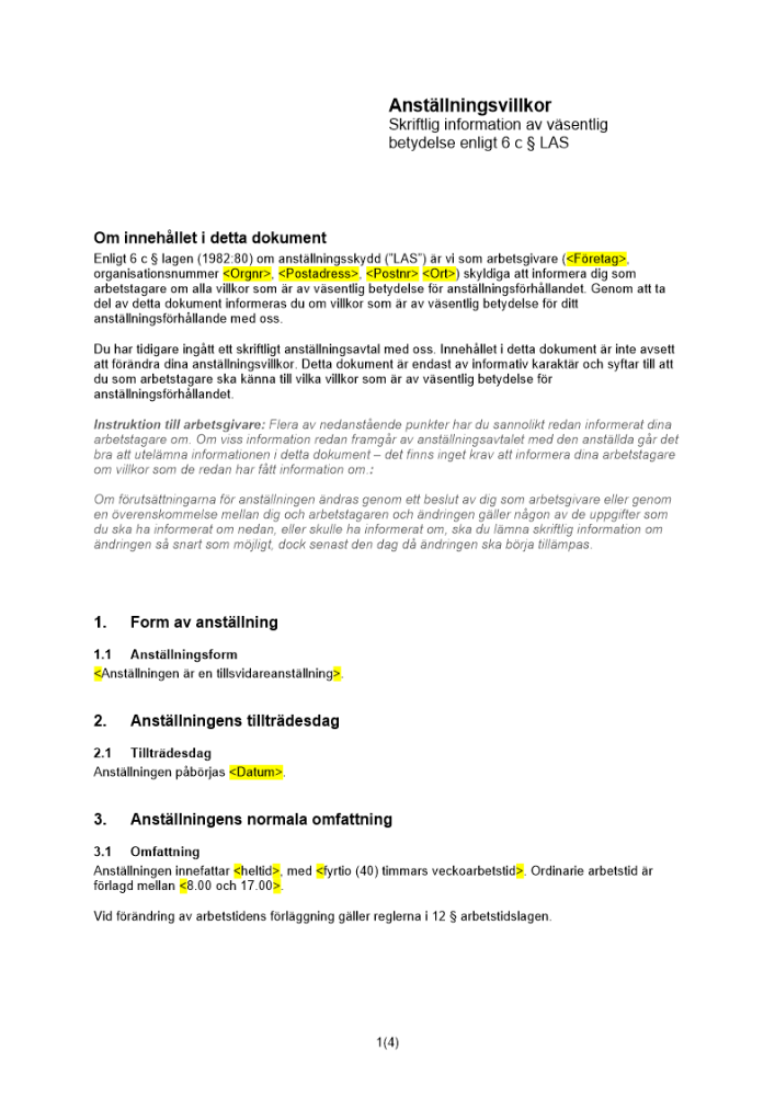 Skriftlig information om anställningsvillkor av väsentlig betydelse