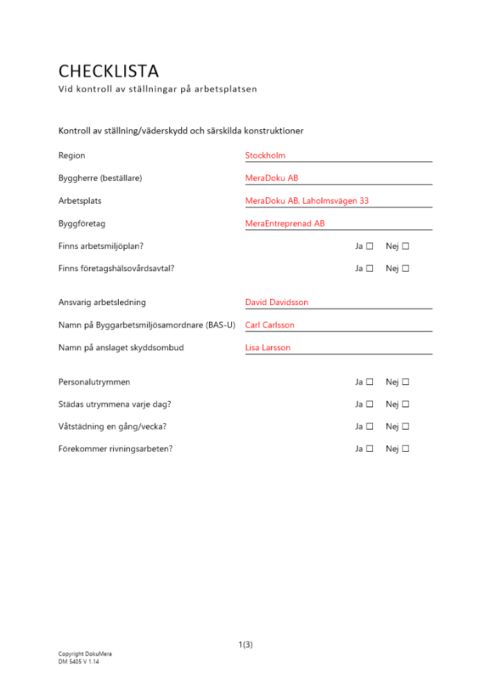 Checklista vid kontroll av ställningar på arbetsplatsen