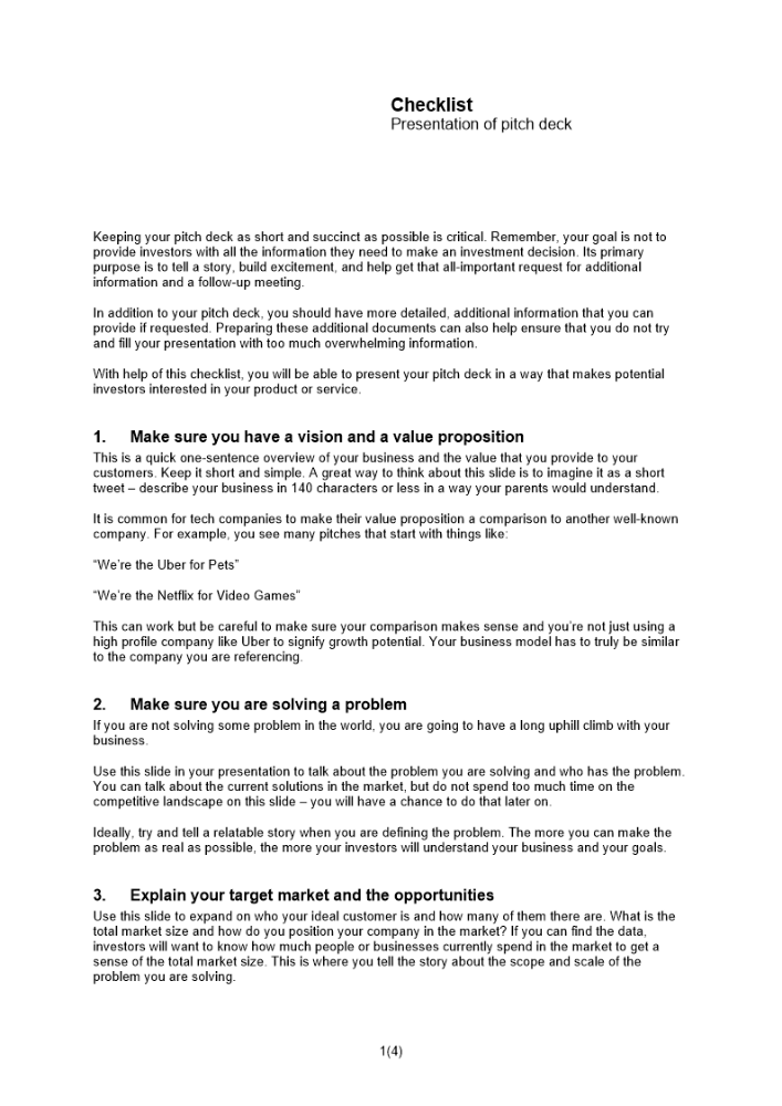 Checklista presentation av pitch deck Engelsk