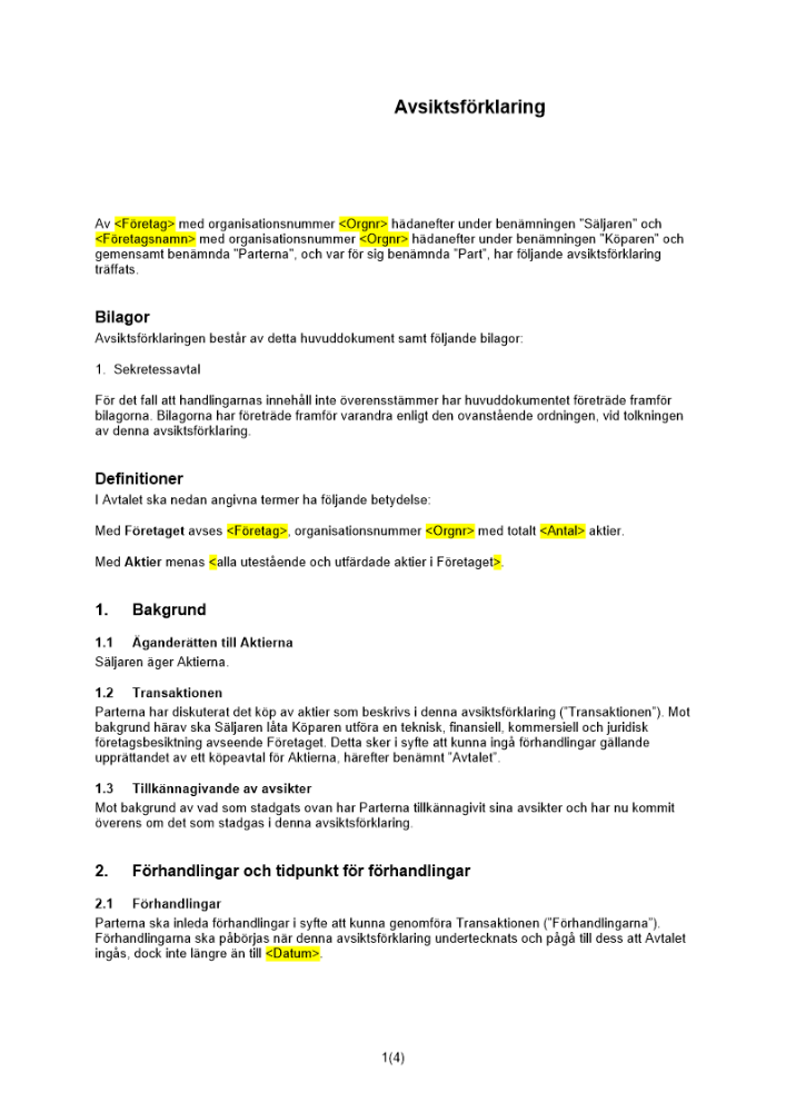 Avsiktsförklaring förvärv (letter of intent)
