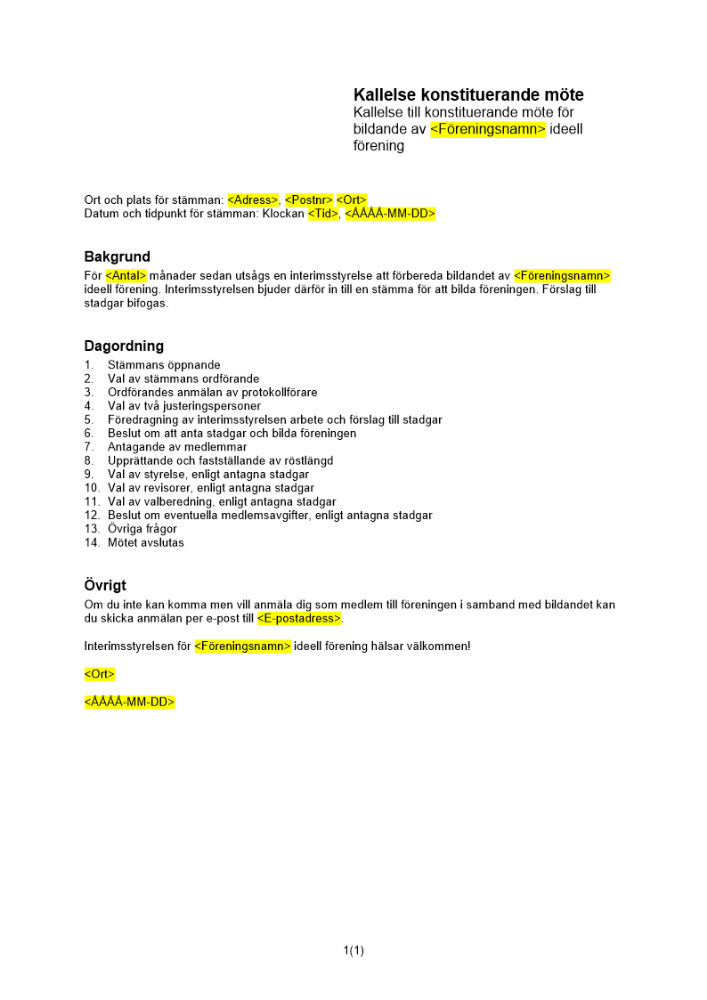 Kallelse till konstituerande möte ideell förening