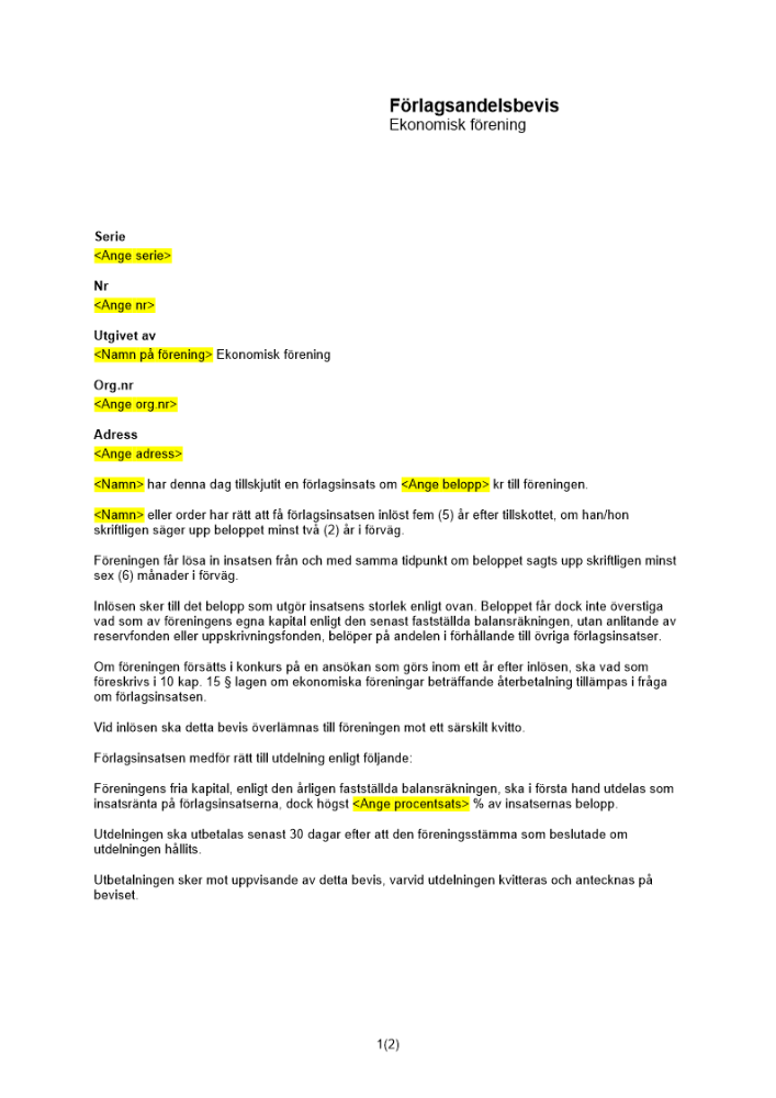 Förlagsandelsbevis ekonomisk förening