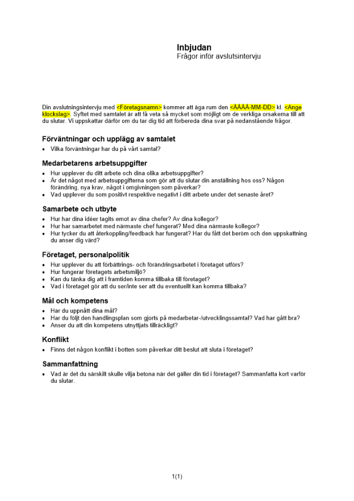Inbjudan - frågor inför avslutsintervju