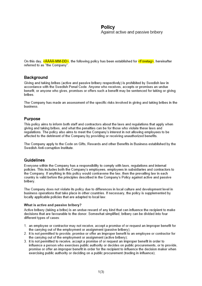 Policy mot givande och tagande av muta Engelsk