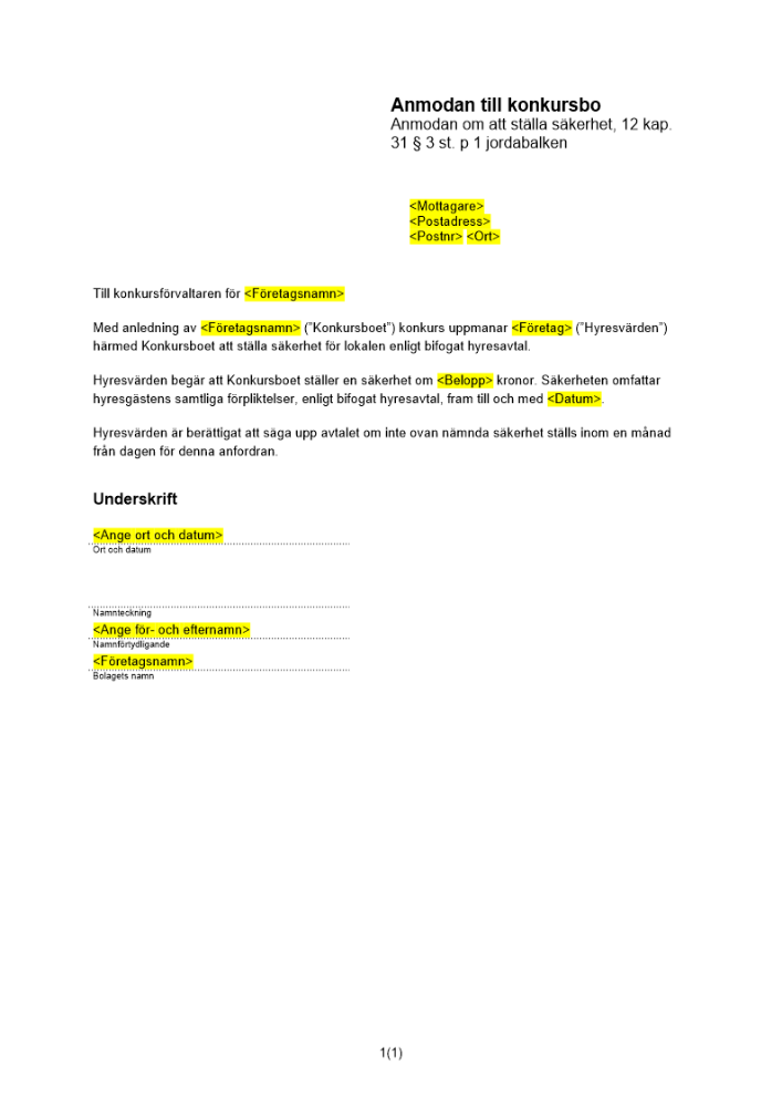 Anmodan till konkursbo - ställande av säkerhet