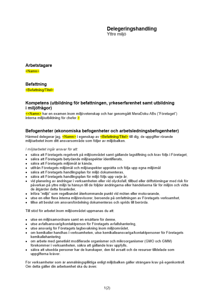 Delegeringshandling yttre miljö