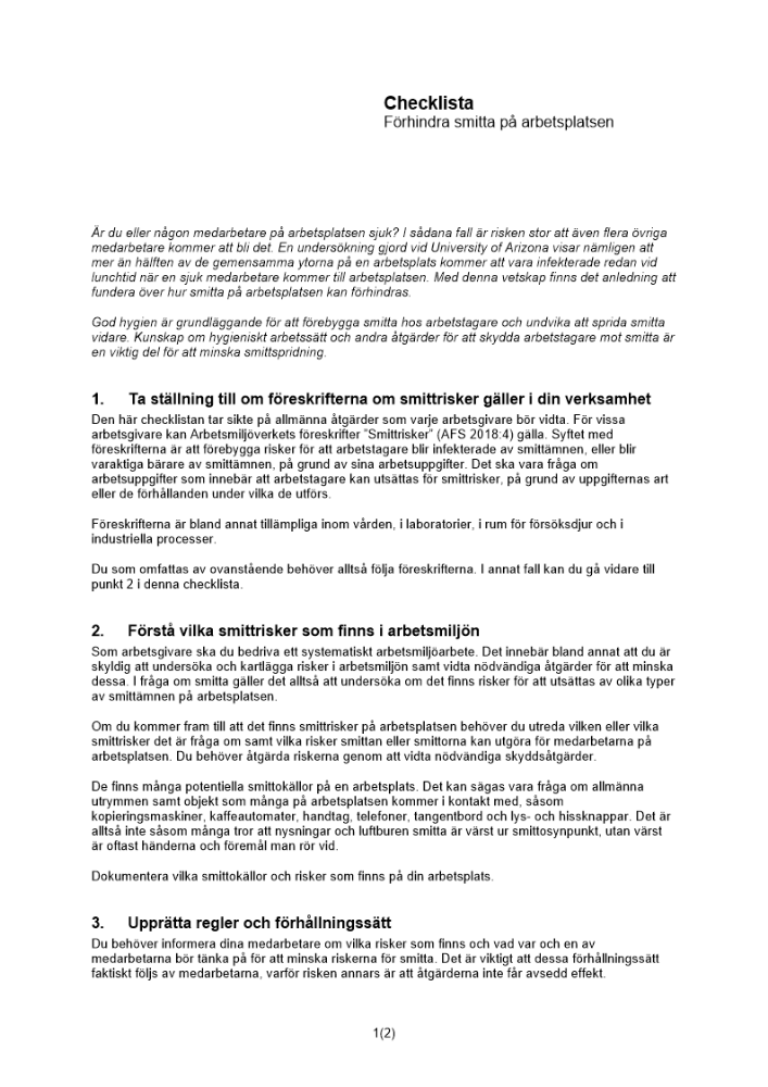 Checklista förhindra smitta på arbetsplatsen