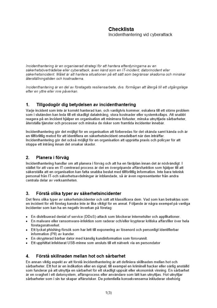 Checklista incidenthantering vid cyberattack