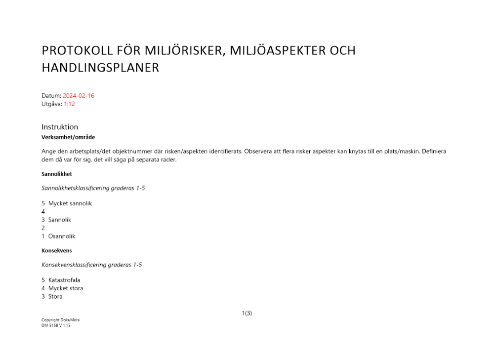 Protokoll för miljörisker, miljöaspekter och handlingsplaner ISO 9001 och 14001