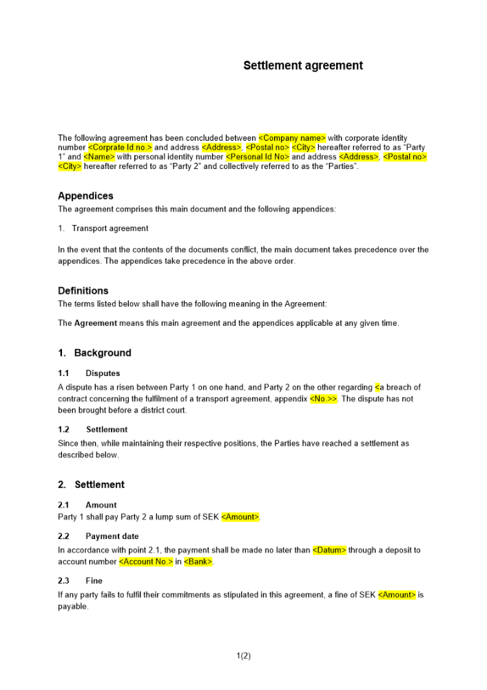 Förlikningsavtal - Utan domstols medverkan Engelsk