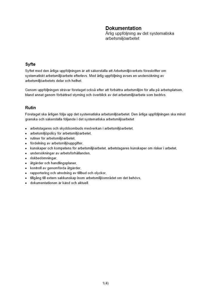 Dokumentation årlig uppföljning av det systematiska arbetsmiljöarbetet