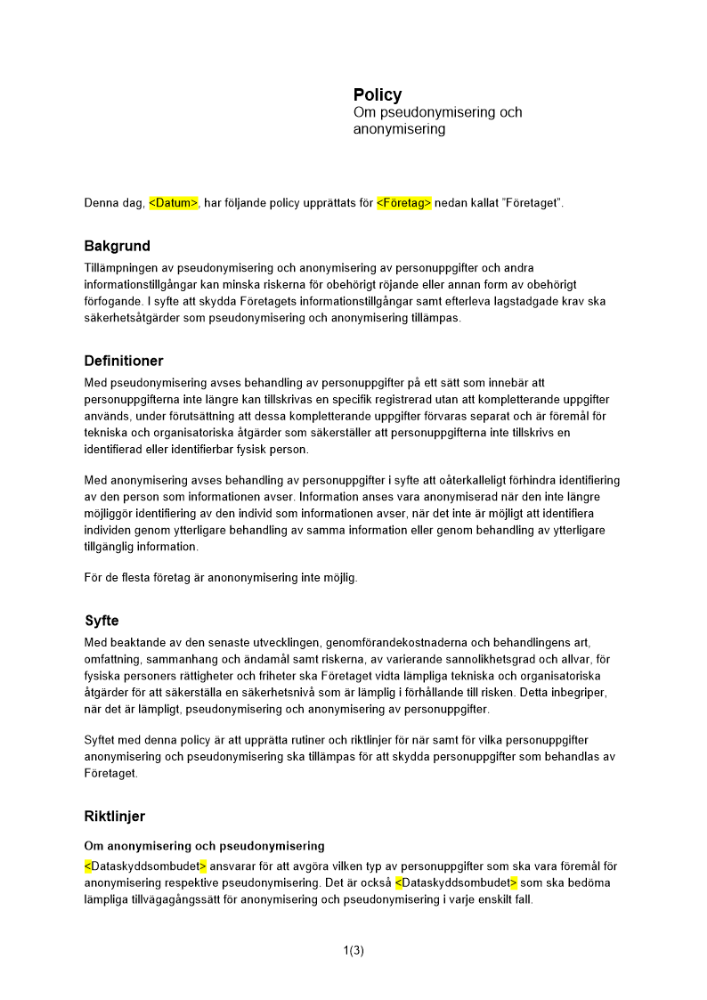 Policy om anonymisering och pseudonymisering