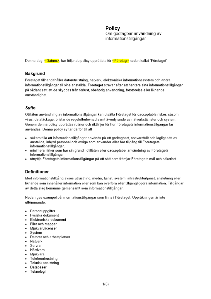 Policy om godtagbar användning av informationstillgångar