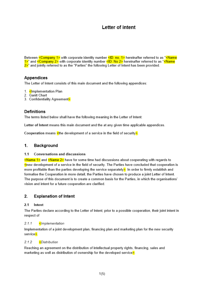 Avsiktsförklaring samarbete Engelsk
